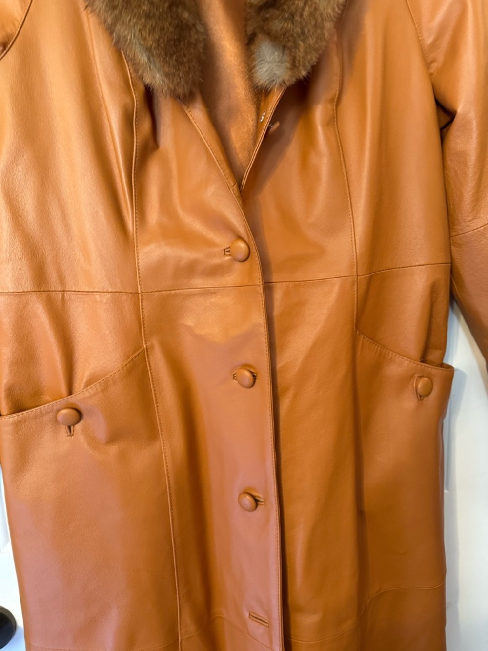 Terry Lewis Classic Luxuries Medium Vintage Terracotta Leather Trench Coat Fur - Picture 4 of 15